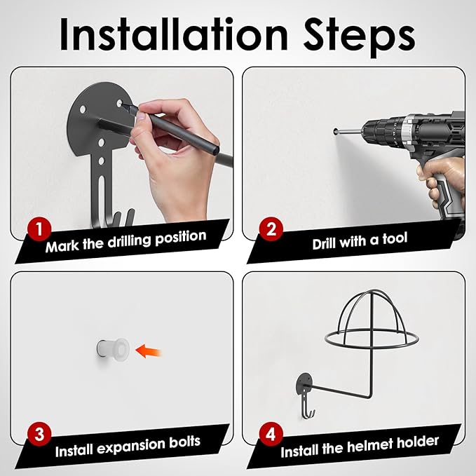 Helmet Holder Wall Mount, 4 Pack Metal Motorcycle Helmet Holder with Hooks Multifunctional Helmet Storage Rack for Helmets, Hats, Jackets