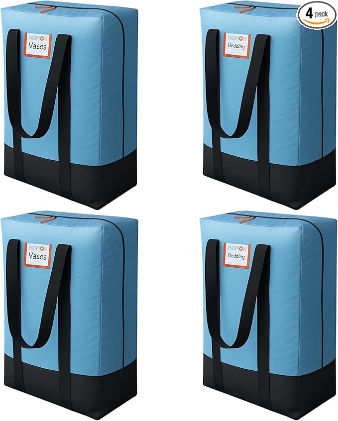 4 Pack Packing Bags for Moving, Storage Bags with Internal Compression Straps, Heavy Duty Moving Totes with Wrap Around Handles, Alternative to Moving Boxes, Blue and Black