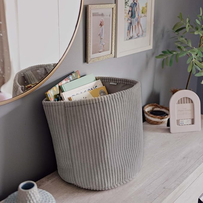 PUTSKA Blanket Basket – Round Storage for Toys and Blankets, Clothes, Stuffed Animals – Soft Baby Girl Basket for Nursery, Kids Room, Bedroom, Living Room – Regular, Grey