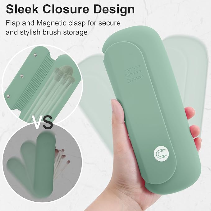 Silicone Travel Makeup Brush Holder for Women with Magnetic Closure and Built-in Brush Cleaner, Washable Cosmetic Organizer, Gift-Ready Pouch, Mint
