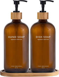 Vine Creations Amber Glass Soap Dispenser Set, Hand Soap and Dish Soap Dispenser Set with Bamboo Tray, 16 oz Glass Dispensers Bottle for Kitchen and Bathroom Decor Modern Boho with Bamboo Pump (Amber)