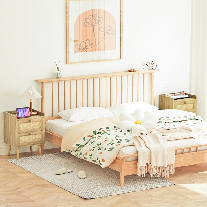 Rattan Nightstand with Charging Station Set of 2, Mid Century Modern Bedside Side Table with 2 Drawers, Boho End Table with Wood Legs for Bedroom Natural Night Stand for Living Room