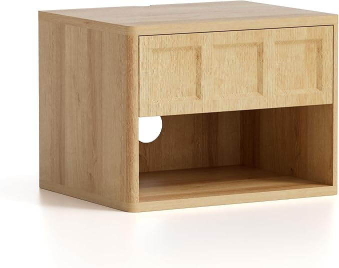Farmhouse Floating nightstands Set of 4, Small Wall Mounted Storage Cabinet with Drawer Open Shelf, Wood Bedside End Table for Bedroom, Living Room, Natural Oak
