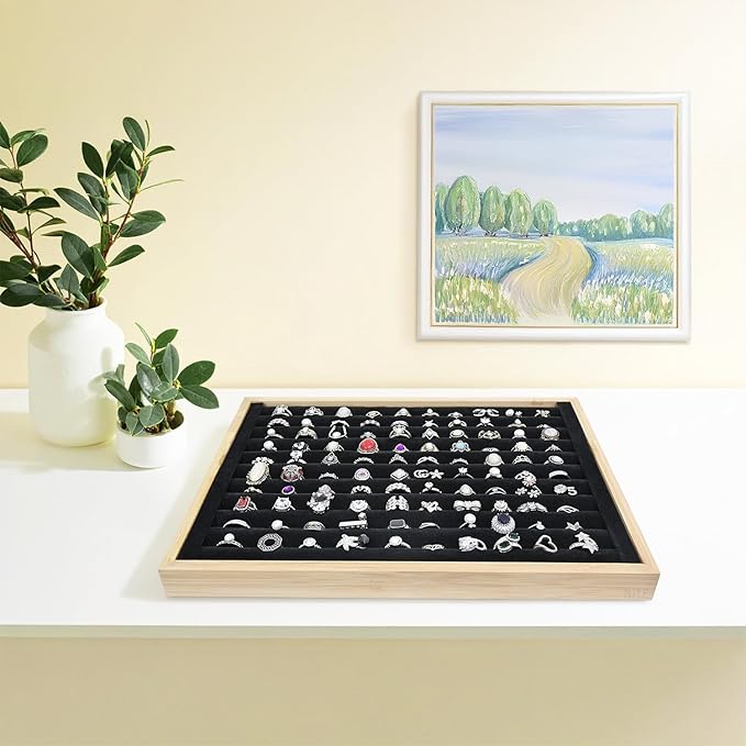 MOOCA 2 Pcs Bamboo Ring Display Tray Set with Black Suede Lining, Ring Organizer for Jewelry Storage and Display, Beige Color, 14W x 9.7D x 1.2H in
