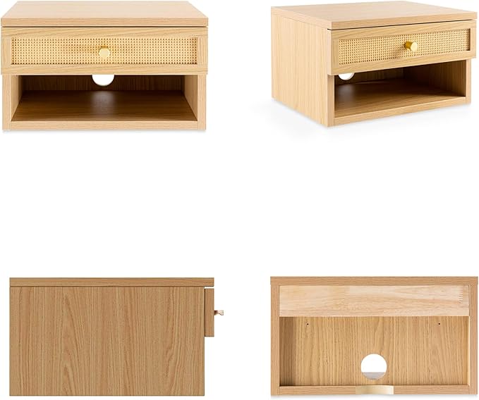 JONATHAN Y NST2000B Celerie 15.71" Mid-Century Modern Floating Wall Mounted Nightstand with Soft-Close Rattan Drawer and Cable Hole, Light Oak