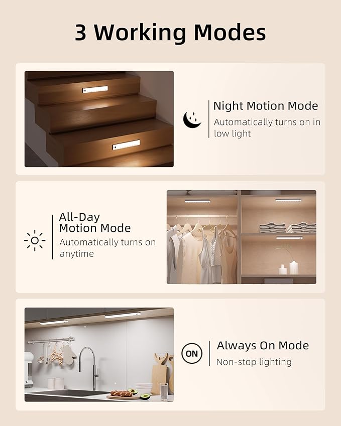 EZVALO 6-Pack Under Cabinet Lighting, 2000mAh Rechargeable Wireless Motion Sensor Lights, 62LEDs, 3 Color Temps, Dimmable, Timer, Magnetic, with Remote Control for Kitchen, Closet, Stair