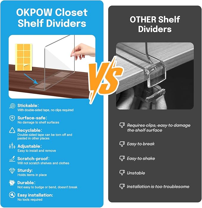 OKPOW Shelf Dividers Closet Organizer - 12" Tall X 9" Deep Acrylic Clear Sturdy Separate for Clothes Purse - Adjustable Space Saver Easy Install for Home Organization Enthusiasts 8 Pack