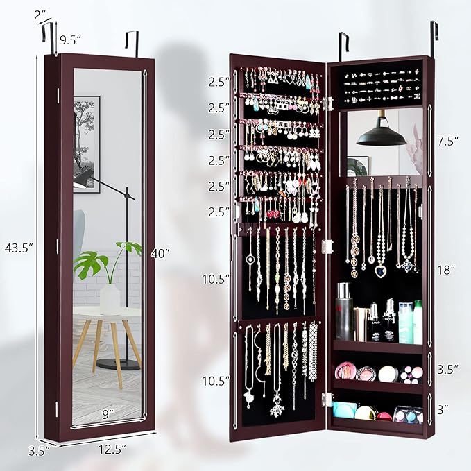 COSTWAY Full Length Mirror Jewelry Cabinet, Wall Door Mounted Jewelry Organizer with Makeup Mirror, Ring Slots and Necklace Hooks, Large Storage Jewelry Armoire for Bedroom, Dressing Room (Brown)
