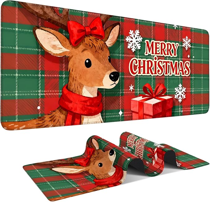 Merry Christmas-Elk Gaming Mouse Pad 31.5"x11.8"Desk Mat Anti-Slip Rubber Base & Durable Stitched Edges for Gamers Smooth Mouse Writing Surface for Desk Office/Home