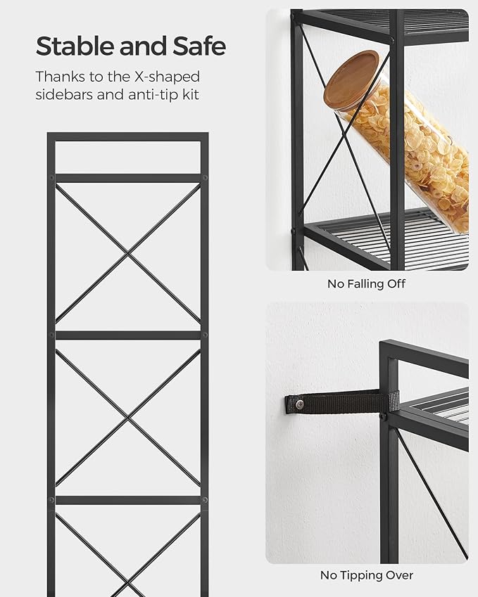 SONGMICS 4-Tier Metal Storage Rack, Shelving Unit with X Side Frames, Dense Mesh, 12.6 x 31.5 x 44.3 Inches, for Entryway, Kitchen, Living Room, Bathroom, Industrial Style, Ink Black UBSC184B01