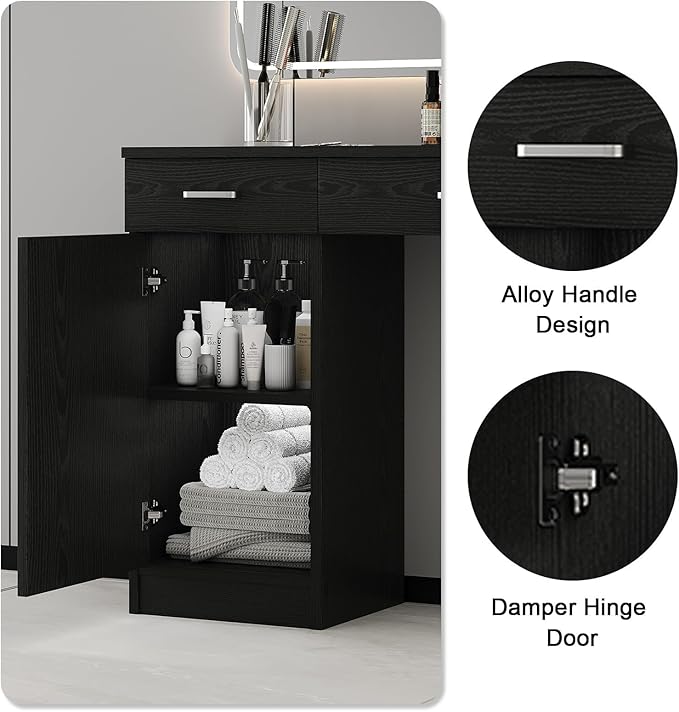 4ever2buy Salon Stations for Hair Stylist, Wall Mount Barber Station with Barber Cabinet, Hair Station Equipment Hair Dryer Holder, Drawers, Mirror not Included, Black