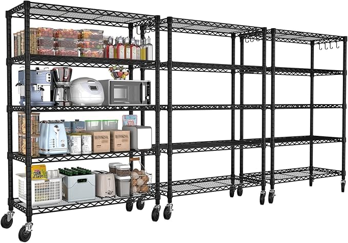 PrimeZone 74''H Wire Shelving 1250lbs 5 Tier Storage Shelves with Wheels NSF Certified Heavy Duty Steel Metal Shelf Adjustable Rolling Rack Kitchen Garage Closet Pantry Laundry 74''HX36''WX14''D 3PCS