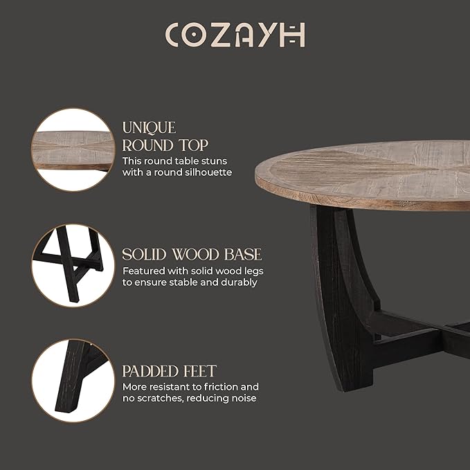 COZAYH Rustic Farmhouse Coffee Table with Crisscross Base, French Country Accent Table for Family, Dinning or Living Room, Modern, Round