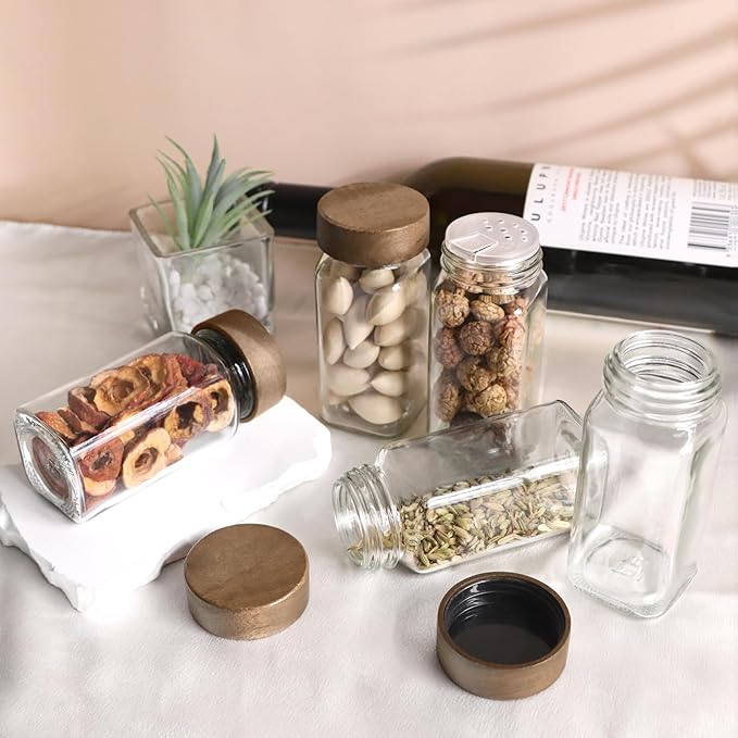 ZEHIQ 48Pcs Glass Spice Jars with Acacia Wood Lids, 4 oz Square Seasoning Containers with Labels, Seasoning Jars with Shaker Lids, Chalk Pen, Funnel, Cleaning Brush, Spice Bottles for Cabinet, Drawer