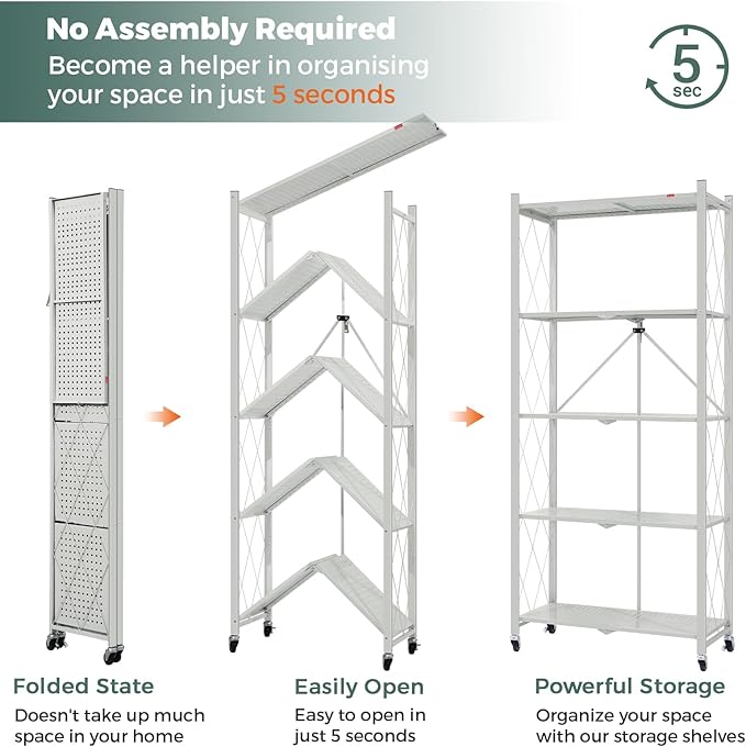DEANIC 5 Tier Foldable Storage Shelves with Wheels, Large Capacity Shelving Unit, Freestanding Metal Wire Shelf Rack, No Assembly Organizer Rack for Garage Kitchen, Basement, Pantry(Grey)