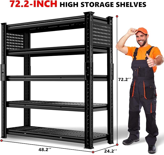 SILVEL 48.2" W Garage Shelving, 5000LBS Heavy Duty Metal Shelving, 2025 Grid Storage Shelves with 2 Side Pegboards, Industrial 5 Tier Shelves for Basement Pantry Warehouse Supermarket, 6 Pack