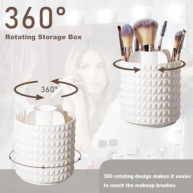 Anyoifax Makeup Brush Holder Organizer 360°Rotating Make Up Brushes Container for Vanity, Spinning Cosmetics Storage Cup, Masonite White