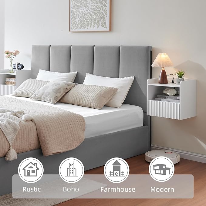 Modern Fluted Floating Nightstand Wall Mounted - Bedside Table with Storage Drawer & Display Shelf, Minimalist Bedroom Furniture for Studio Apartments (Matte White)