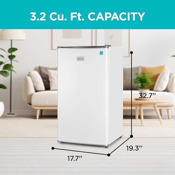 BLACK+DECKER 3.2 Cu. Ft. Compact Refrigerator, ENERGY STAR Certified Small Refrigerator, Single Door Mini Fridge with Chiller Compartment, Personal Fridge for Home or Dorm Room, BCRK32W, White