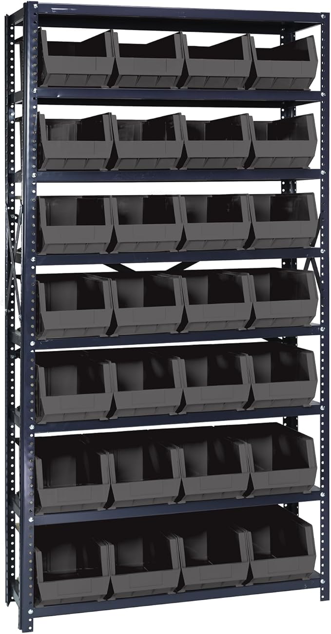Quantum Storage Systems QSBU-240BK Giant Open Hopper Steel Shelving System, 12" D x 36" W x 75" H, with 8 Shelves and 28 QU240 Bins, Black