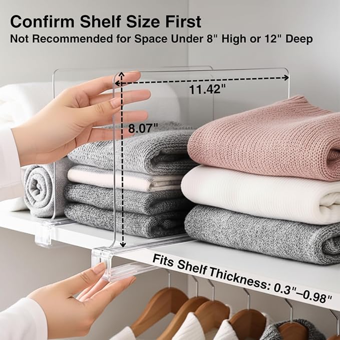 Shelf Dividers Purse Organizer for Closet: 12-Pack Acrylic Bag Storage Organizer for Handbags, Clutches, Clothes, Sweater, Towel on Wood Shelves