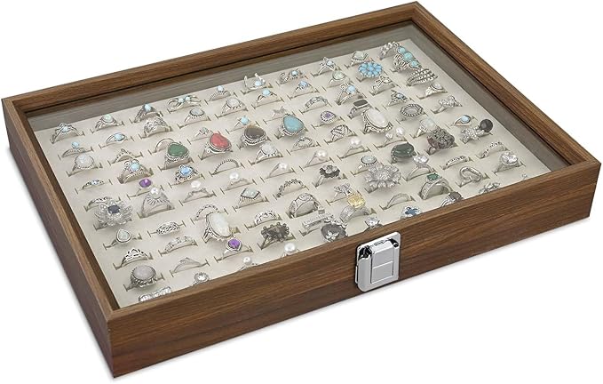 MOOCA 100 Ring Box Jewelry Display Tray, Display Case Accessories Storage Box with Tempered Glass Hinge Lid, Beige Lined Jewelry Tray for Rings, Walnut Color, 14.1W x 10.2D x 2.1H in