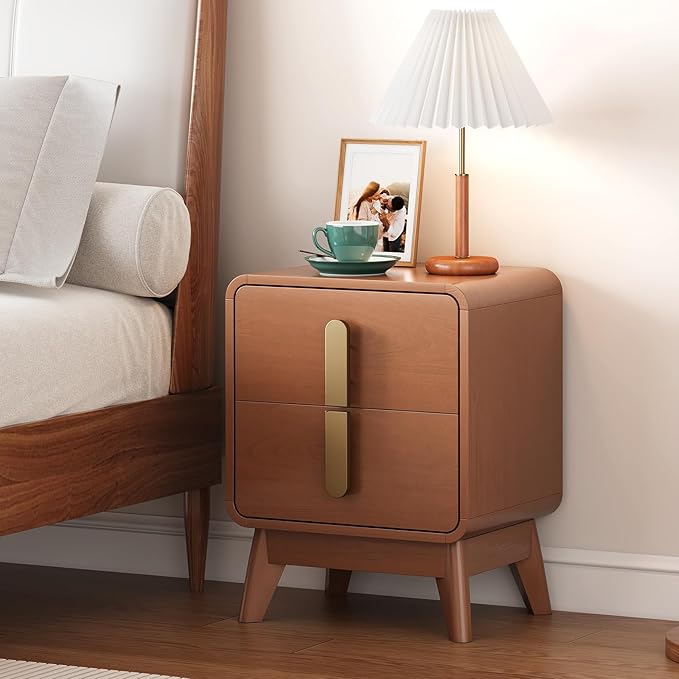 Night Stand Set 2, Mid Century Modern Bedside Table with Drawers, Curved Profile Design End Table with Metal Handle, Nightstand Set of 2 with Storage, Bed Side Tables for Bedroom, Cherry