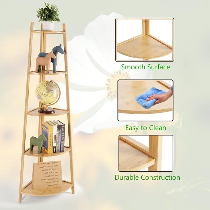 Bamboo Corner Shelf Stand for Display, 59'' Tall Storage Rack, 5-Tier Shelf for Organize