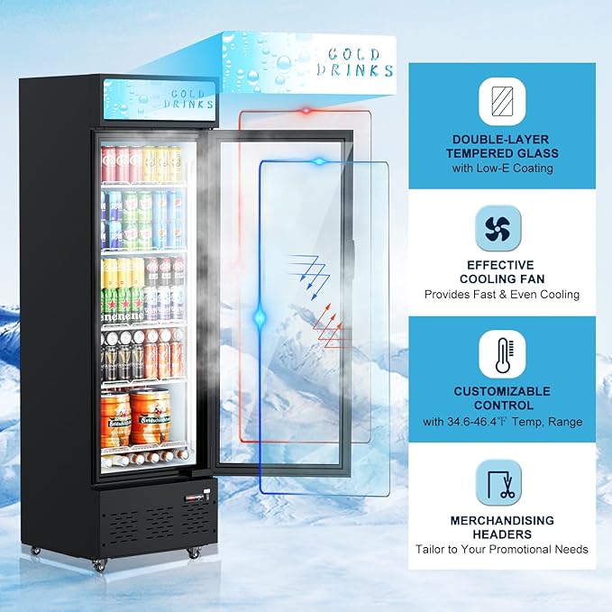 Commercial Glass Door Display Refrigerator 12 cu.ft Commercial Beverage Refrigerators with LED Light & 5 Shelves for Cafe, Restaurant, Store, Bar