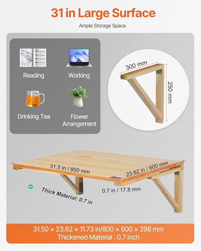 VEVOR Wall-Mounted Folding Table, 31.5 x 23.62 inch, Wooden Drop Leaf Floating Desk with Iron Bracket for Small Spaces, Home Office, Dining, Laundry Room, Kitchen, Bar