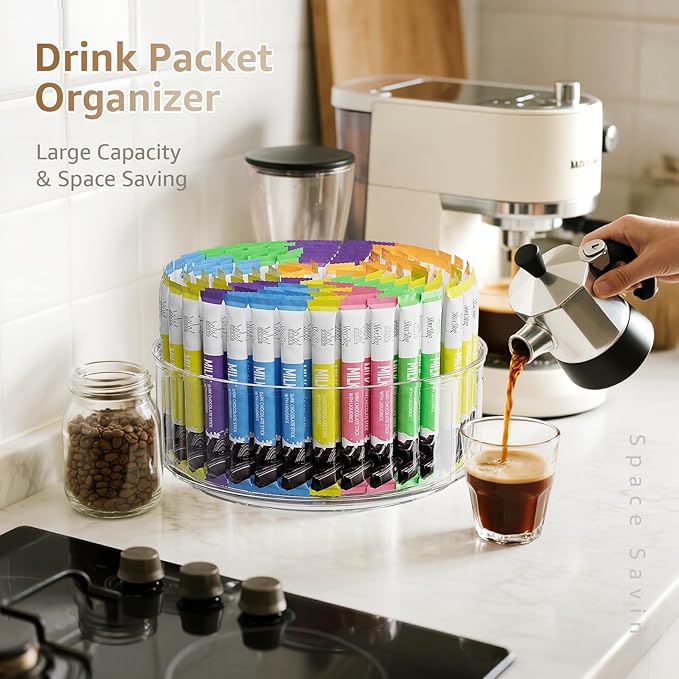 Rotating Drink Mix Organizer, Clear Lazy Susan Turntable for Powder Packet, Water Packet, Water Flavor Packet, Divided Drink Packet Organizer