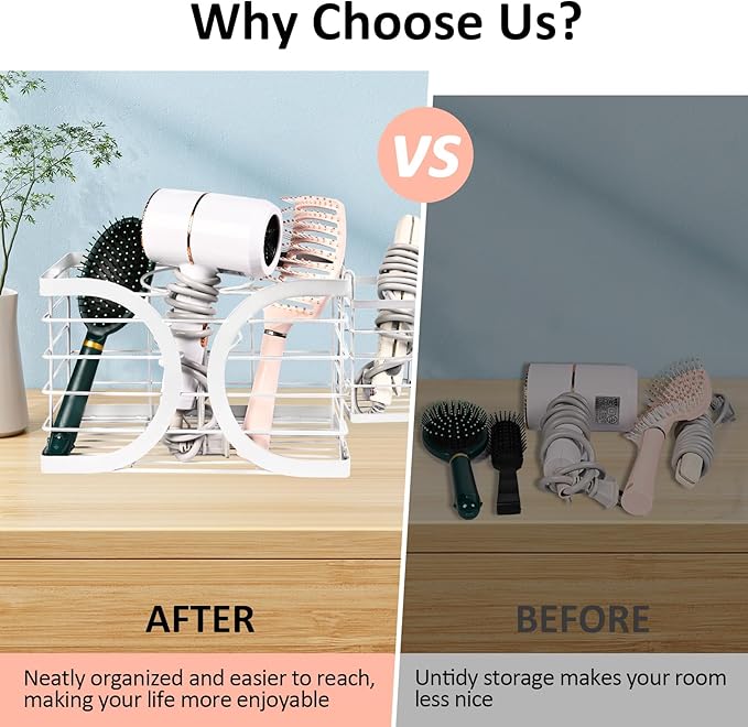 Elegant White Wall Mounted Hair Dryer Holder - Stylish Bathroom Organiser for Hair Dryer & Straightener, Hair Brush & Accessories