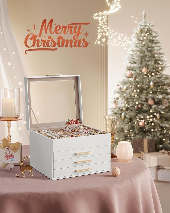 SONGMICS Jewelry Box Organizer with Glass Lid, 4-Layer Jewelry Storage, with 3 Drawers, Modern Style, Christmas Gift, 8 x 9.1 x 6.5 Inches, Cloud White and Gold Color UJBC173W01