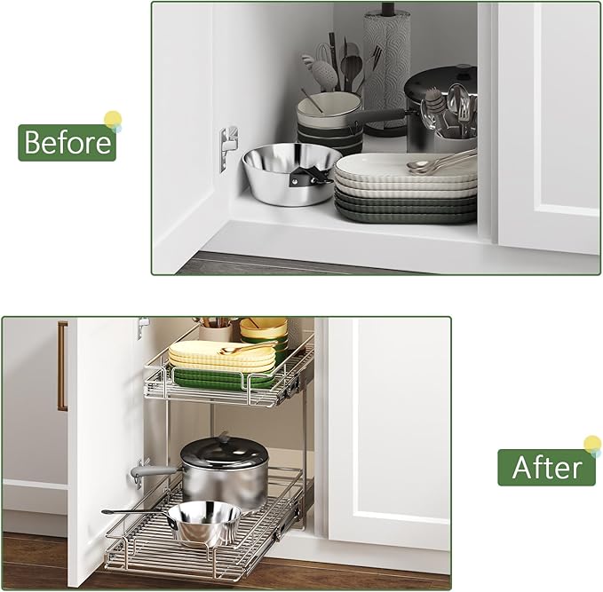 2 Tier Individual Pull Out Cabinet Organizer 11½" W x 21½" D, Heavy Duty Cabinet Pull Out Shelves, Slide Out Drawers Organization for Kitchen Cabinets Bathroom