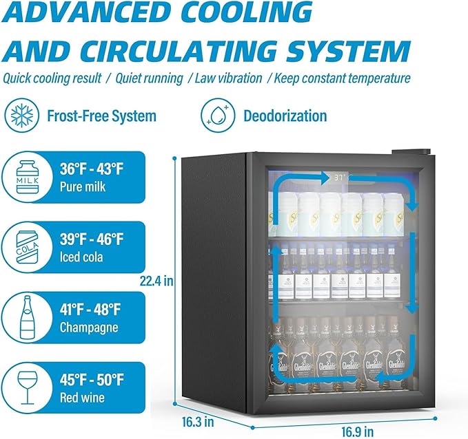 70 Can Freestanding Beverage Refrigerator, 1.6 Cu. Ft Drink Fridge with Quiet Compressor and Temperature Control, Small Refrigerator with Adjustable Shelves for Soda, Beer or Wine
