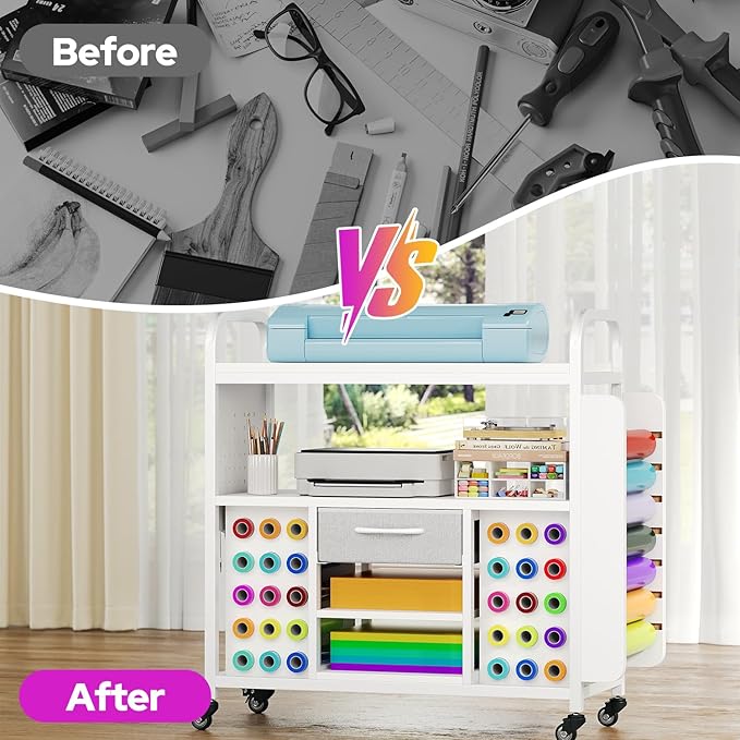 Craft Organization and Storage Cart, Large Rolling Craft Organizer Workstation with Vinyl Roll Holder & Hook up, Cutting Machine Stand Compatible for Cricut Machines, Craft Room