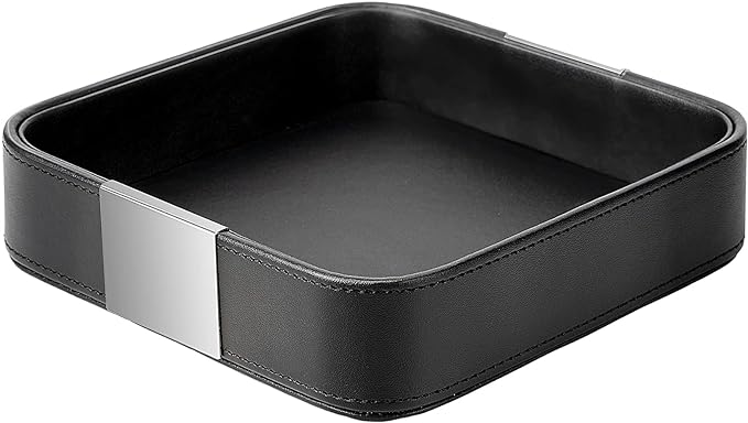 SANZIE Luxury Leather Desktop Storage Small Catchall Organizer Decorative Tray for Entryway Table to Hold Jewelry Watch Cosmetics Keys Phone Wallet, Home & Office Accessories (Metal Silvered, Black)