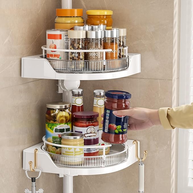 Standing Spice Rack Organizer, Counter Corner Double Tier Lazy Susan, Height Adjustable 360 Rotating Storage Rack with Hooks for Kitchen & Bathroom Corners (White)