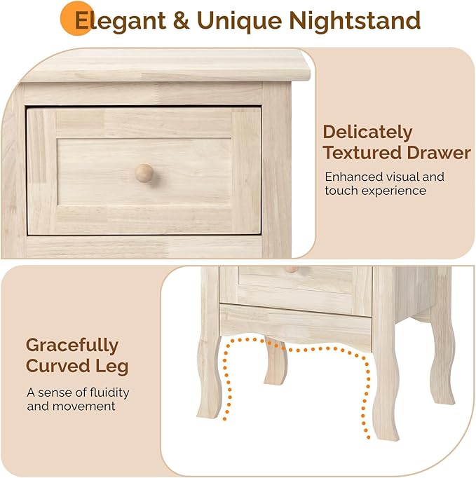 VINGLI Unfinished Solid Wood Nightstand for Color DIY, Small Nightstand for Bedroom, Natural Wood Night Stand with Drawers, Light Wood Night Stand, Real Wooden Bed Side Table/End Table