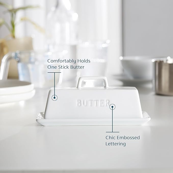 Butter Dish with Lid, by Kook, Butter Dish with Lid for Countertop, Ceramic, Butter Tray, Kitchen Butter Keeper, Butter Container, Butter Holder, Holds 1 Stick, Microwave and Dishwasher Safe, White