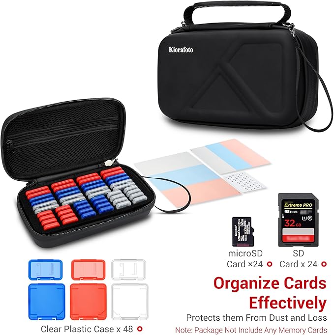 EVA PU Memory Card Case with 48PCS Clear Plastic Memory Card Holder for 24 SD SDHC SDXC & 24 TF MSD Cards,Dual-Protect Water-Resistant Anti-Shock MicroSD SD Card Carrying Organizer with Label