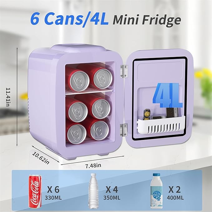 Mini Fridge, 4 Liter Makeup Fridge, 110V AC/ 12V DC Thermoelectric Cooler and Warmer Small Fridge for Bedroom, Drink, Dorm, Car, Purple