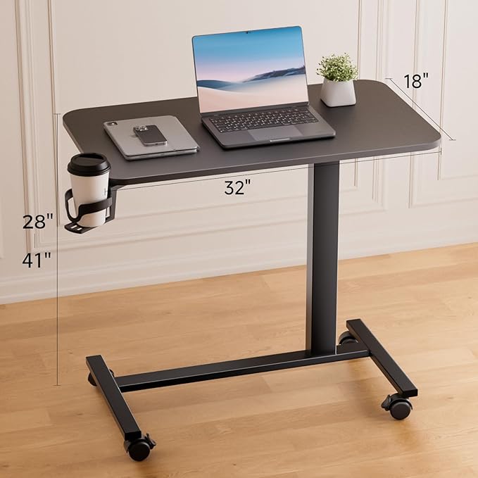 COMHOMA Adjustable Overbed Bedside Table with Lockable Wheels, Pneumatic Mobile Standing Laptop Desk, Small Standing Desk Portable Rolling Overbed Table Hospital Home Use(32" W x 18" D, Black)