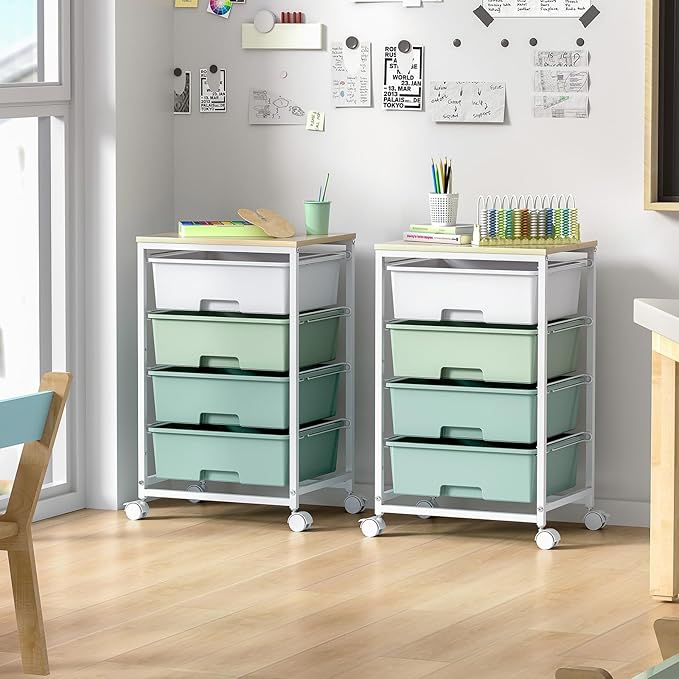 Utility Cart with 4 Drawers,Rolling Storage Cart with Drawers,Storage Rolling Drawer Cart with Wooden Tabletop for Bedroom,Kid's Room,Dorm,Classroom,Office,Green