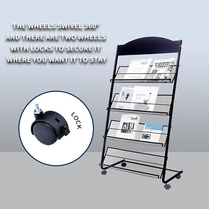 Floor Standing Magazine Rack,The Wheels with Locking 4 Tier Document Display Rack for Exhibition Office Shopping Mall Waiting Room and Other Places （BLACK