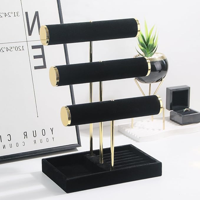 Bracelet Holder, 3 Tier Bracelet Display Holder, Detachable Velvet Jewelry Holder Organizer for Necklace, Watches, Bangle, Scrunchie (Black，3 Tier)