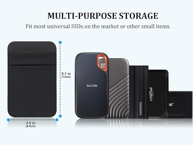 Lacdo Portable Hard Drive Sleeve for Laptop, 2-Pocket Stick on Pouch with Reusable Adhesive, for San Disk, Samsung, Crucial, Portable External Solid State Drive SSD Hard Drive Carrying Case, Black