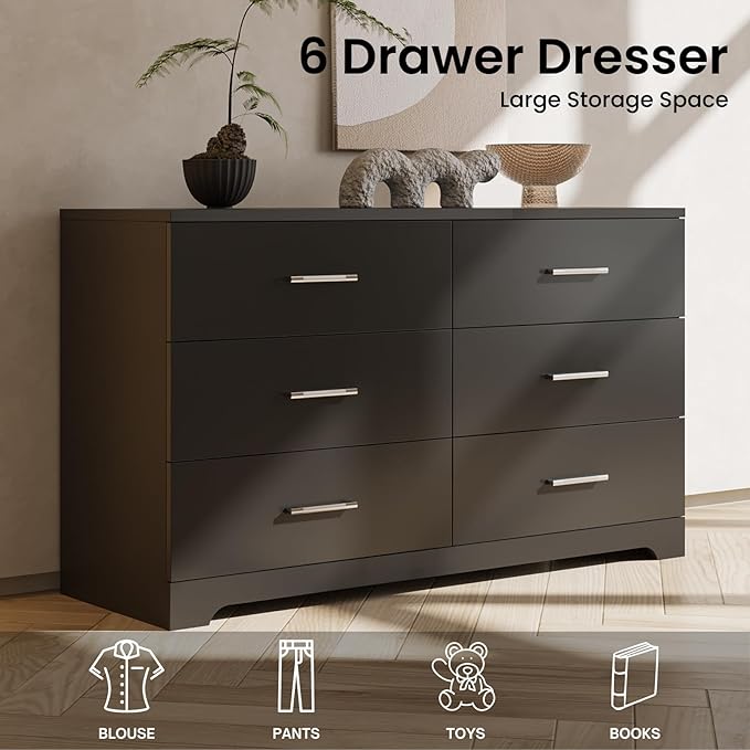 Karl home 6 Drawer Dresser, Wood Black Vanity Drawer Cabinet, Bedroom Storage Cabinet TV Stand, Large Dresser Storage Chest with Deep Drawers, Bedroom Furniture