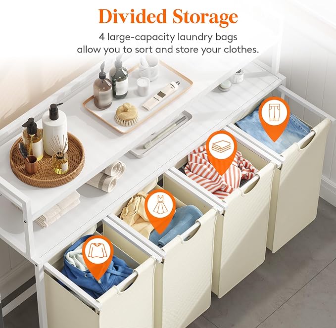 Lifewit Laundry Hamper 4 Section, 168L Pull out Laundry Clothes Basket Organizer with Large Top Shelf and 4 Removable Bags and Handles for Laundry Room Bedroom Bathroom, White with Shelves