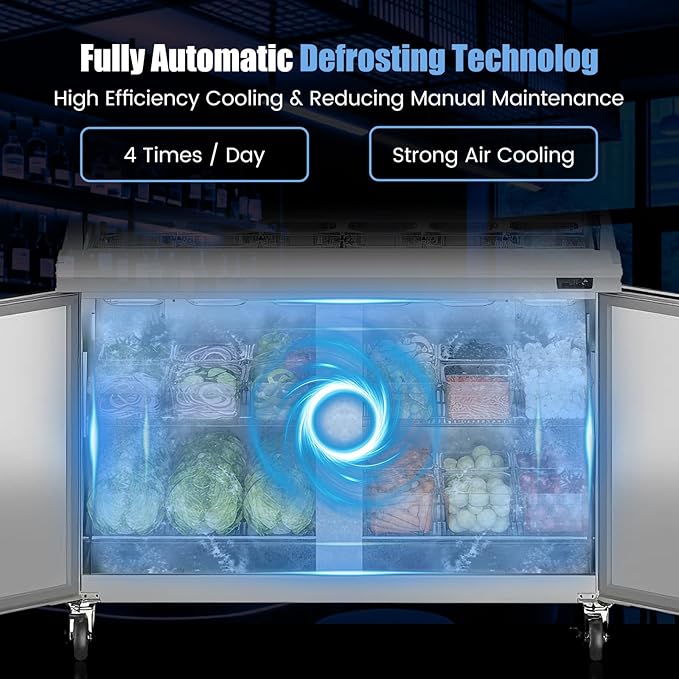 60" W Commercial Refrigerator Sandwich Salad Prep Table, Stainless Steel 2-Door Sandwich Prep Table Refrigerator, Counter Fan Cooling Refrigerator with 16 Pans for Restaurant, Bar